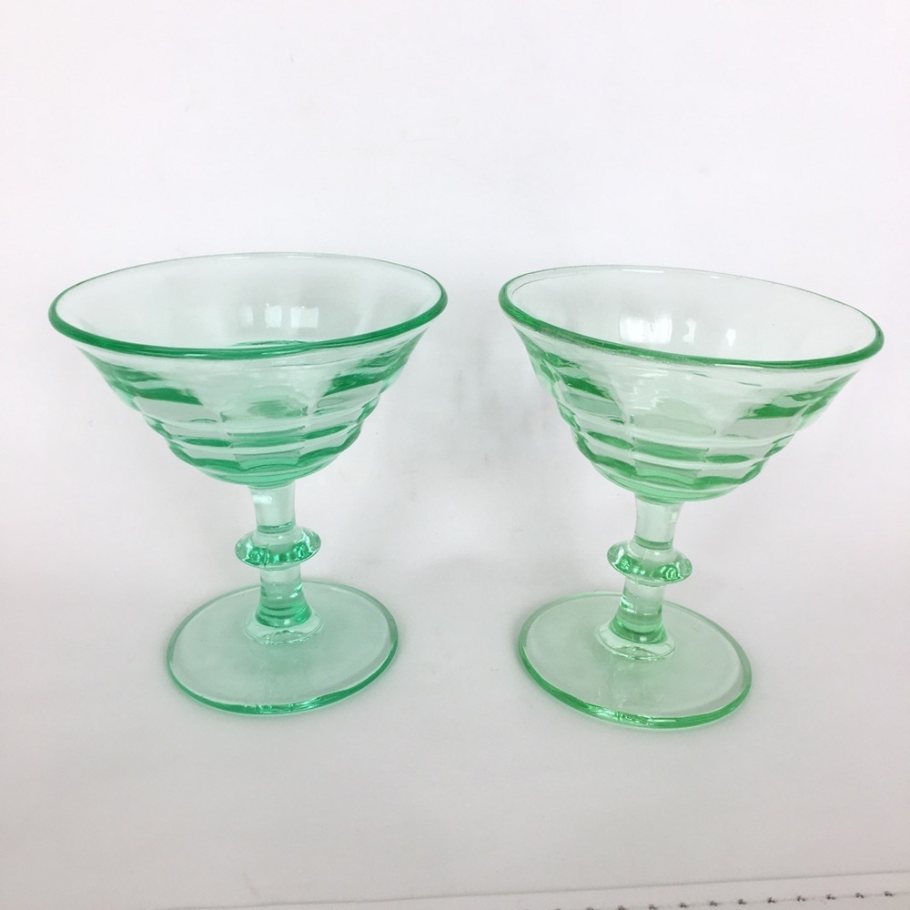 Vintage Uranium Depression Green Glass Bundle of 2 Martini Glasses Dessert Dish